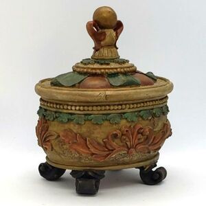 Hand Painted Vintg Style Resin Oval Ornate Decorative Footed Lidded Trinket Box